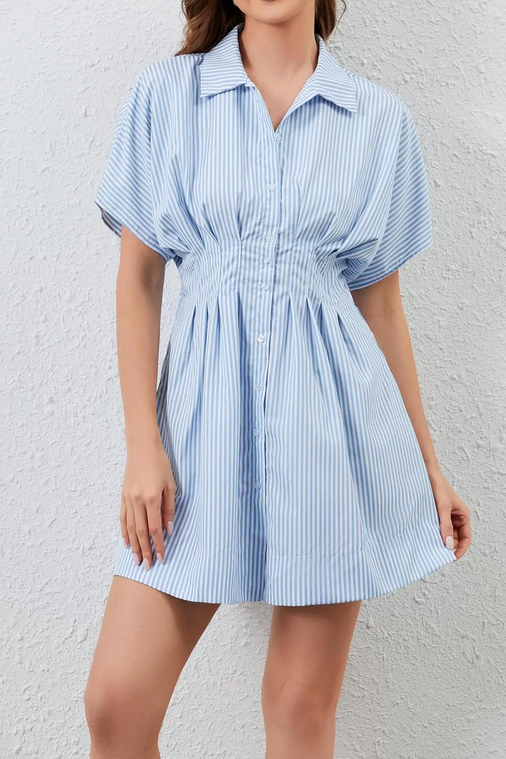 Women Button Front Pleated Shirt Dresses Summer Casual Short Sleeve Pleated Blouse Mini Dress