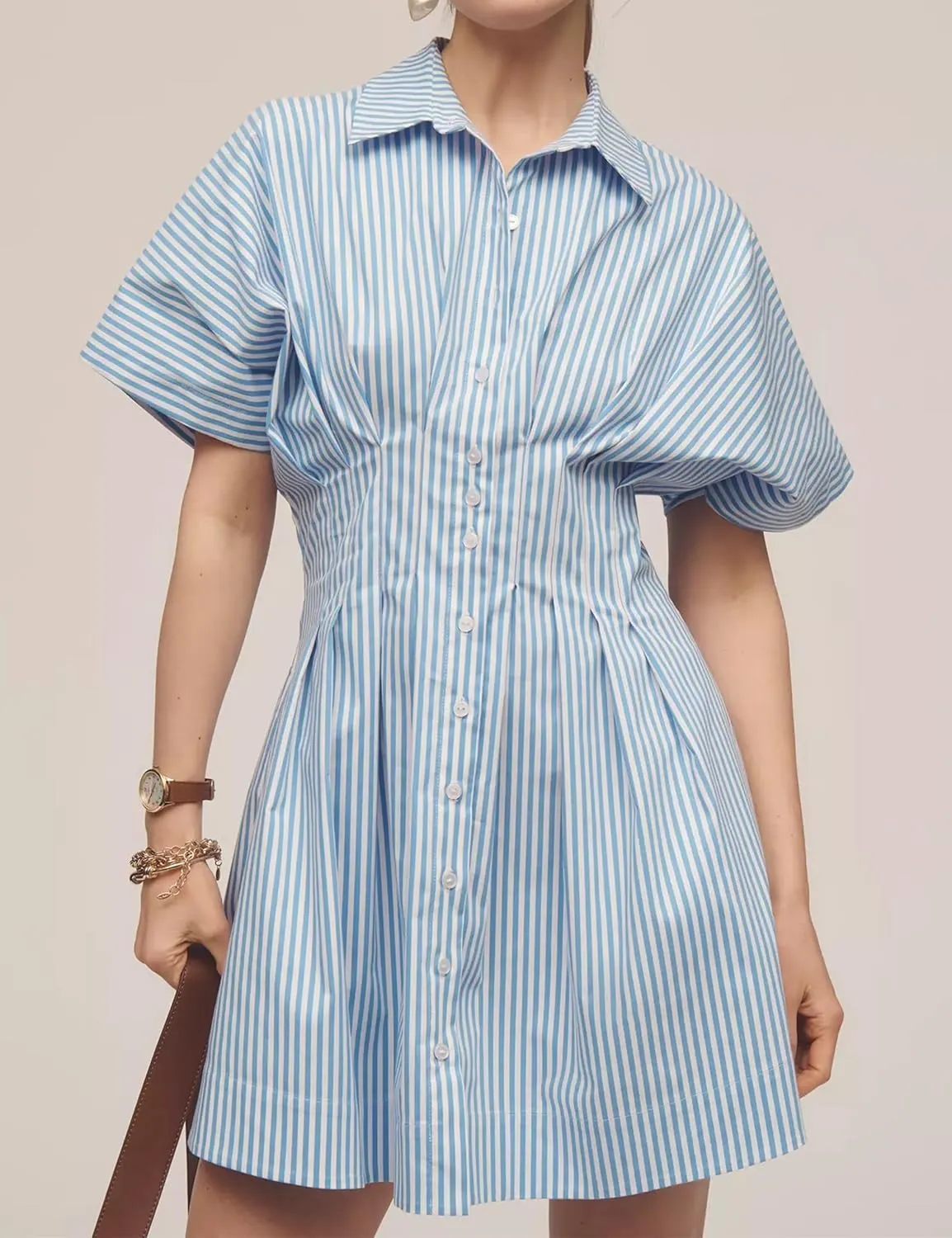 Women Button Front Pleated Shirt Dresses Summer Casual Short Sleeve Pleated Blouse Mini Dress