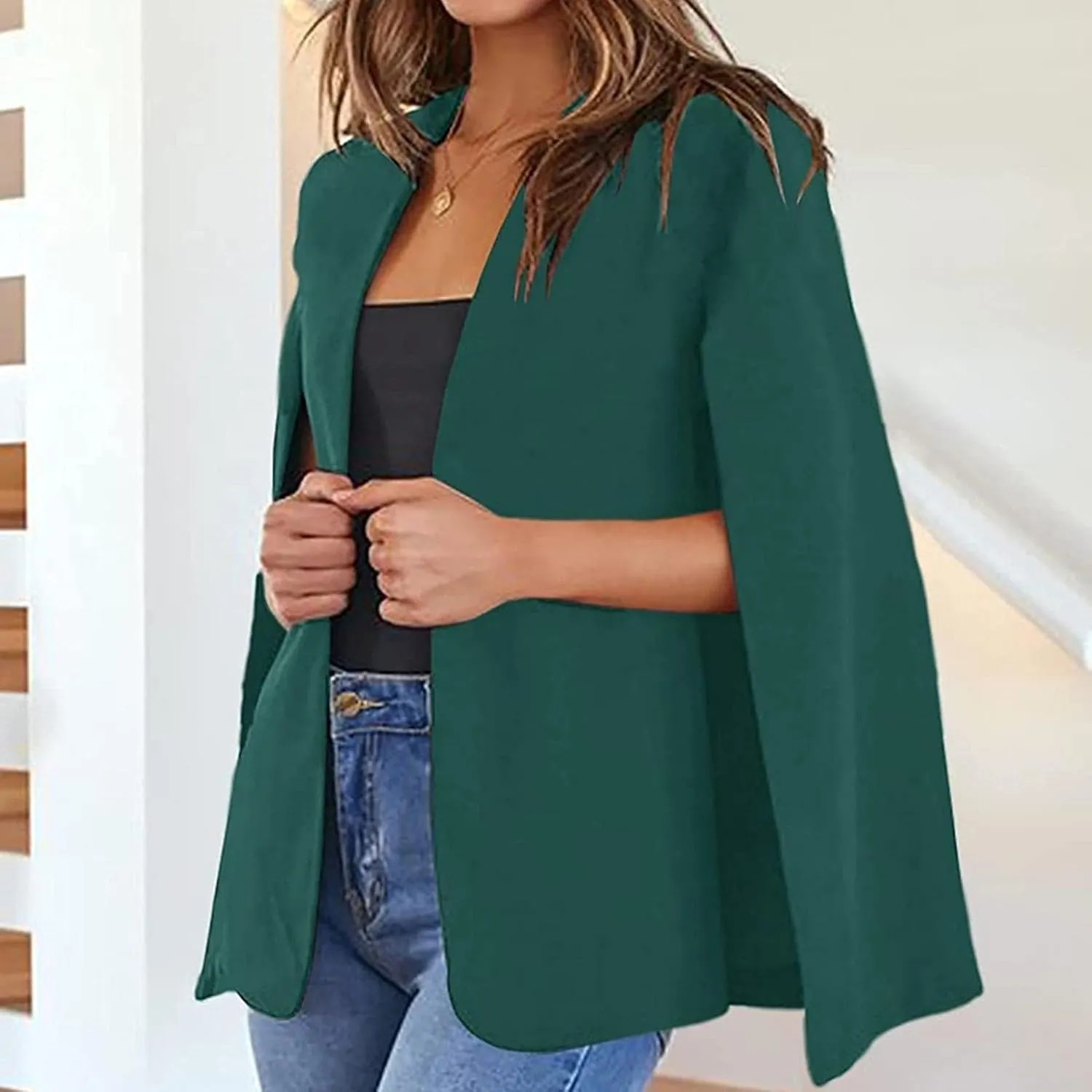 Women Cape Blazer Split Sleeve Open Front Casual Jacket Loose Short Cloak Coat Cardigan Business Office Workwear