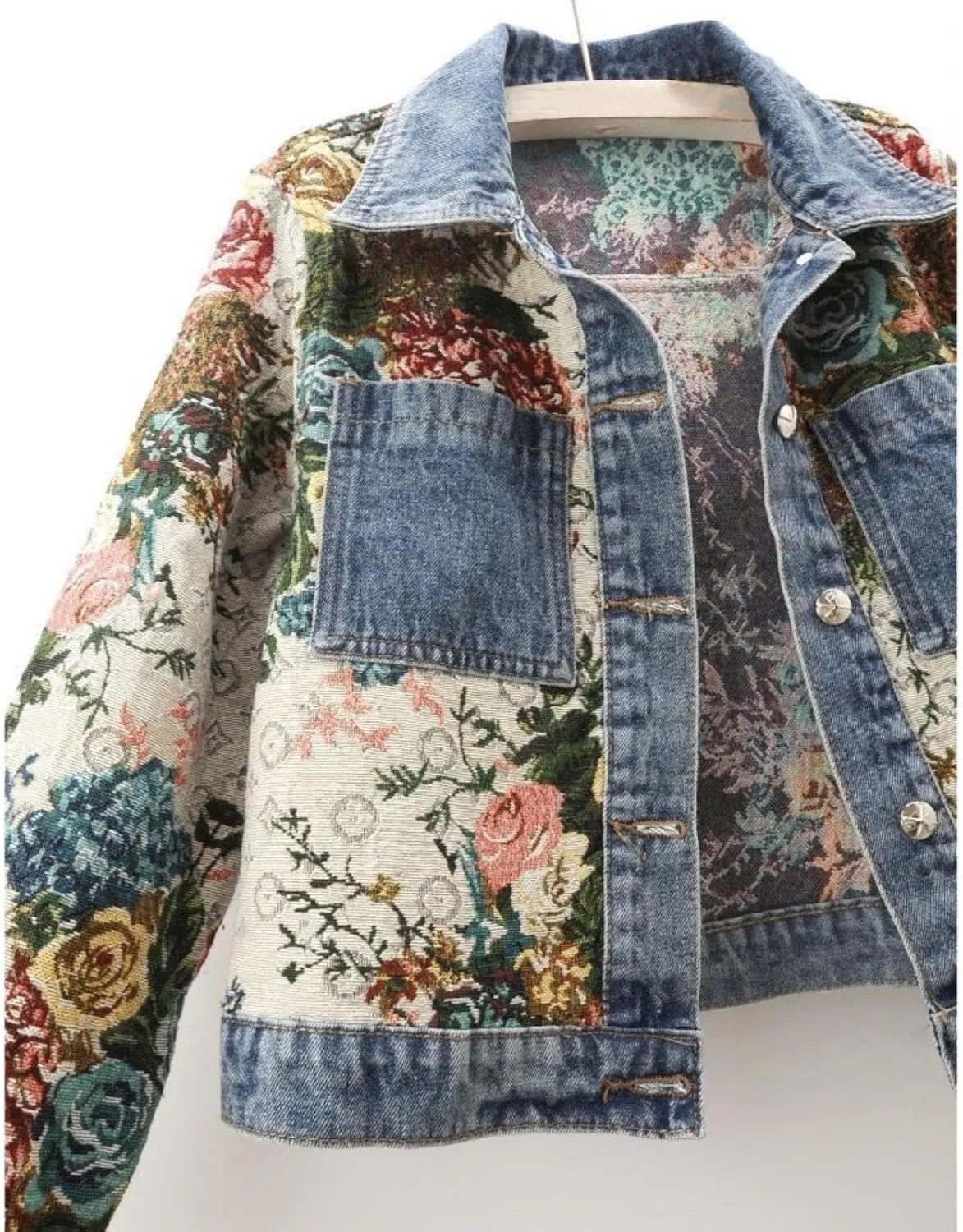 Women Flower Print Jean Jacket Long Sleeve Button Down Lapel Cropped Denim Jackets Outerwear
