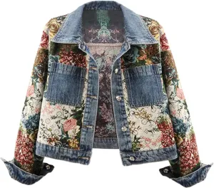 Women Flower Print Jean Jacket Long Sleeve Button Down Lapel Cropped Denim Jackets Outerwear