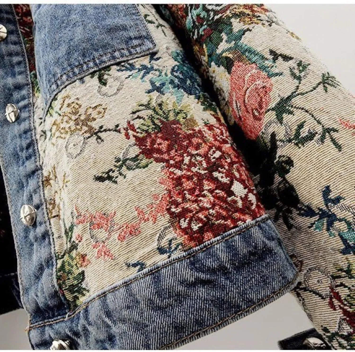 Women Flower Print Jean Jacket Long Sleeve Button Down Lapel Cropped Denim Jackets Outerwear