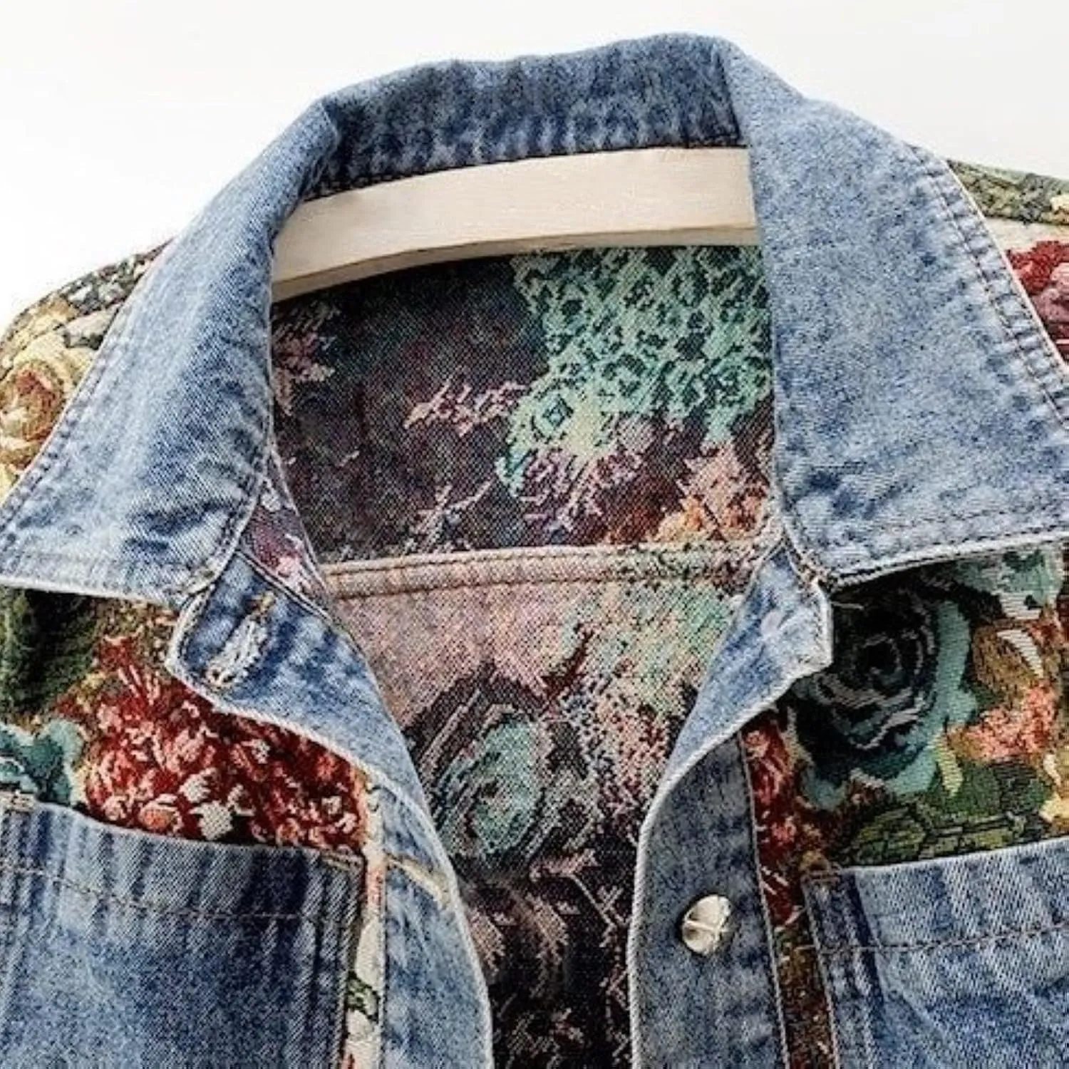 Women Flower Print Jean Jacket Long Sleeve Button Down Lapel Cropped Denim Jackets Outerwear
