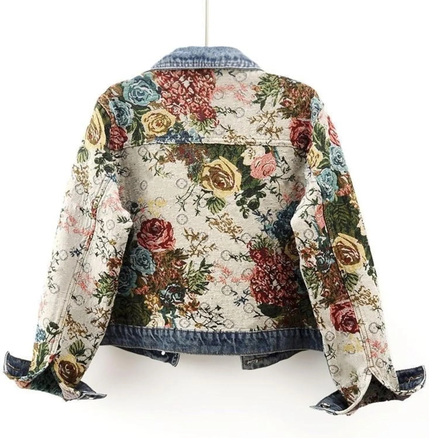 Women Flower Print Jean Jacket Long Sleeve Button Down Lapel Cropped Denim Jackets Outerwear
