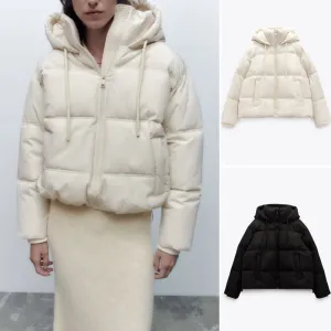 Women's Fashion Zipper Closed Hem Elastic Buckle Decorative Hooded Cotton Jacket