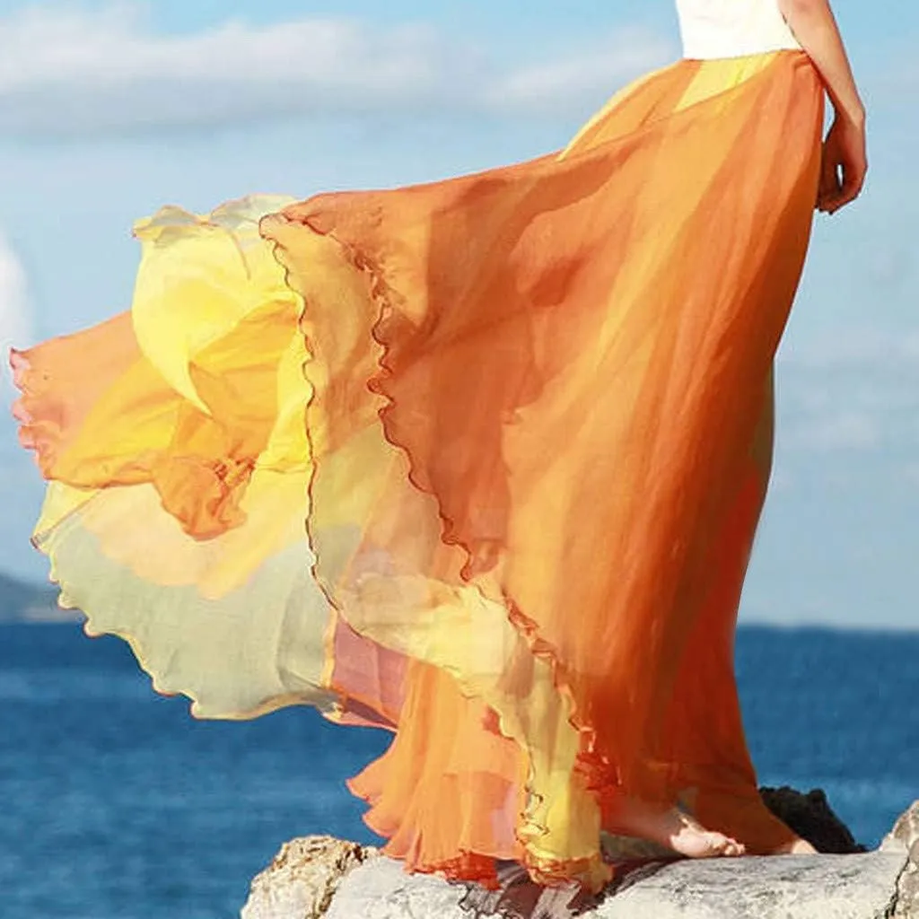 Womens Lyrical Dance Skirt Gradient Color Chiffon Long Swing Sheer Wrap Skirts for Modern Ballet Performance