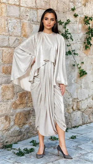 Women's Modified Drape Jump Suit with Attached Cape Beige