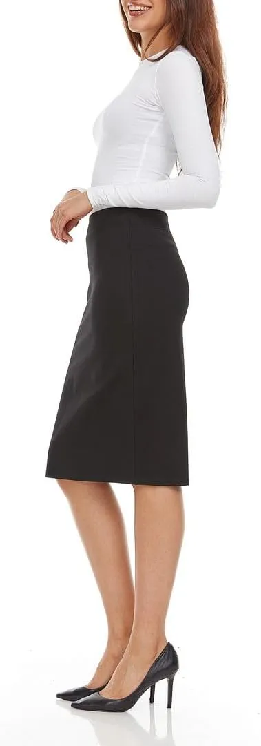 Womens Nylon Midi Ponti Stretch Pencil Skirt - Elastic Waist Office Skirt Knee & Below Knee Lengths