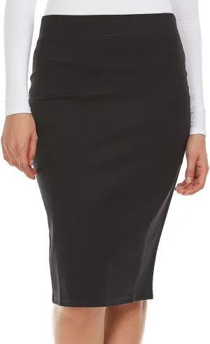 Womens Nylon Midi Ponti Stretch Pencil Skirt - Elastic Waist Office Skirt Knee & Below Knee Lengths