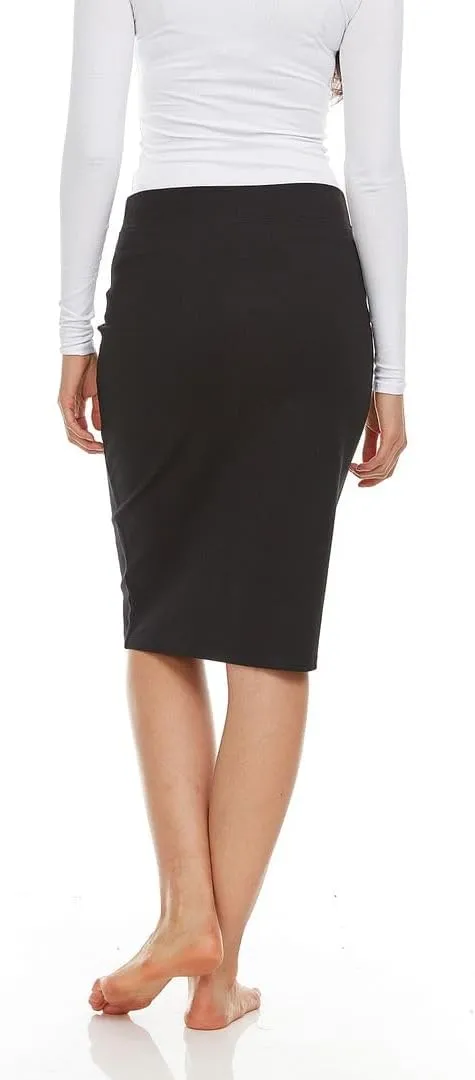 Womens Nylon Midi Ponti Stretch Pencil Skirt - Elastic Waist Office Skirt Knee & Below Knee Lengths