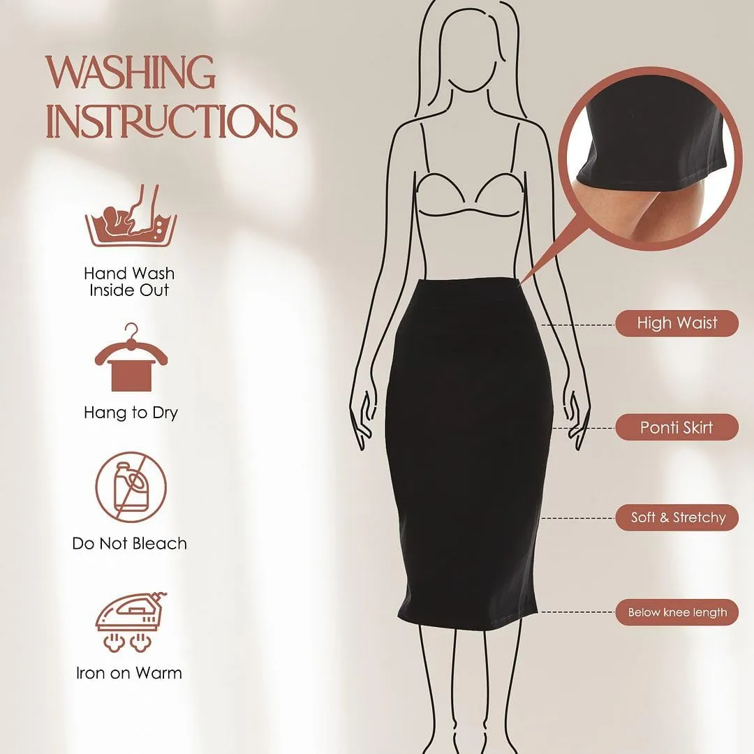 Womens Nylon Midi Ponti Stretch Pencil Skirt - Elastic Waist Office Skirt Knee & Below Knee Lengths