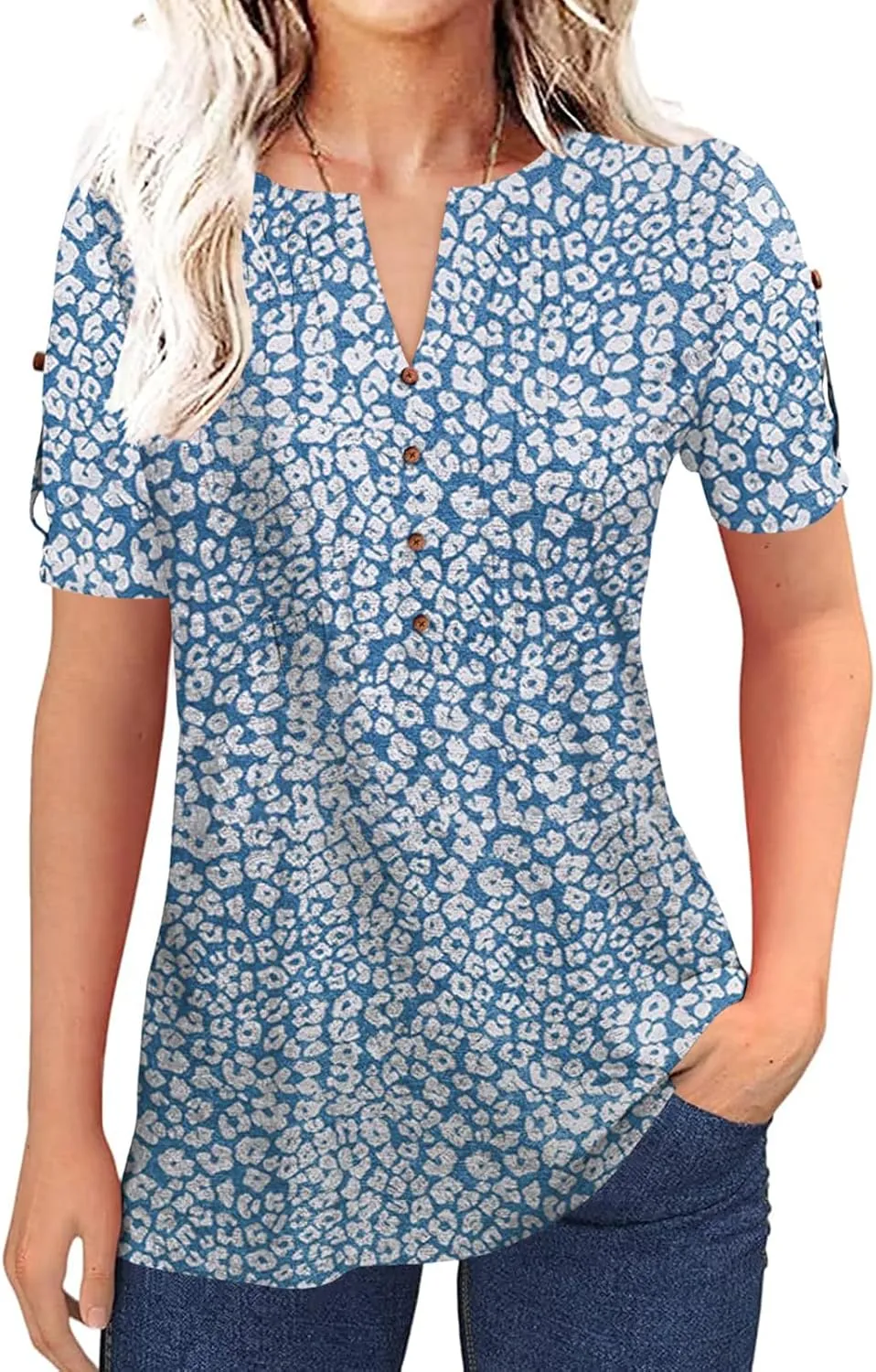 Women's Zipper Summer Pleated Button Short Sleeve T-Shirt Summer V-Neck Solid Color Casual top