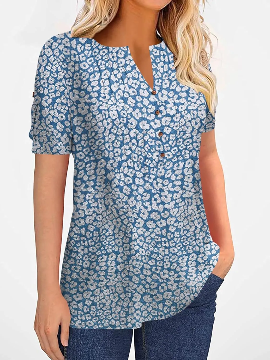 Women's Zipper Summer Pleated Button Short Sleeve T-Shirt Summer V-Neck Solid Color Casual top